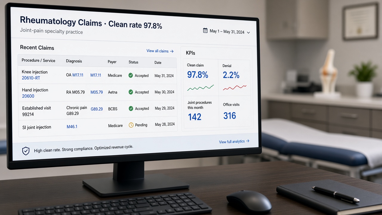 Rheumatology claims dashboard showing clean claim rate metrics